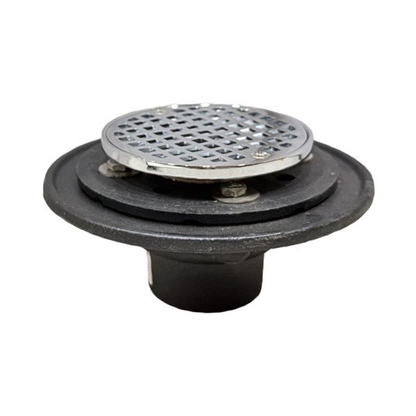 2" Cast Iron No-Hub Shower Drain with 4" Round Chrome-Plated Brass Strainer 0523012