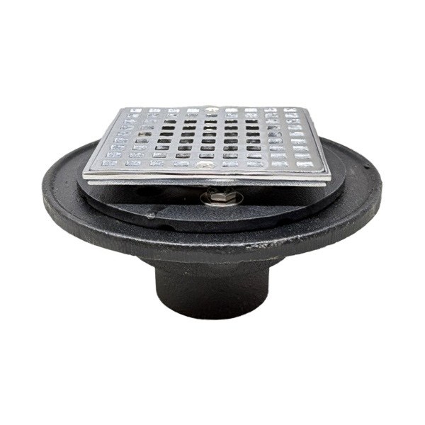 2" No-Hub Cast Iron Shower Drain With 4" Chrome Plated Brass Square Strainer 0523018