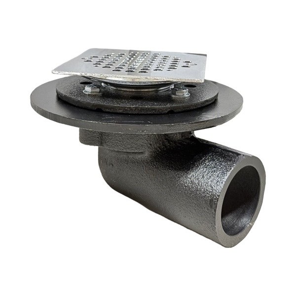2" No-Hub Cast Iron Side Outlet Shower Drain With 4" Chrome-Plated Brass Square Strainer 0523104